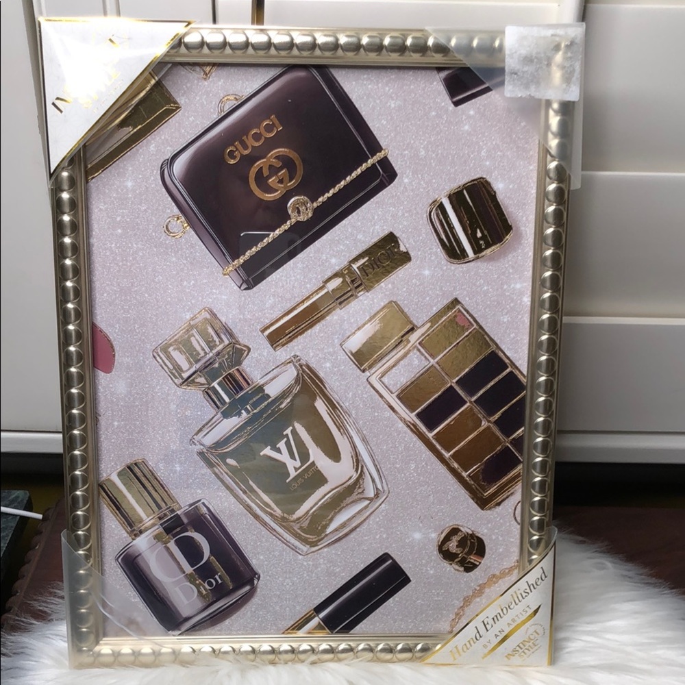 Luxury Framed Wall Art - Designer Perfume Print in Gold and Pink